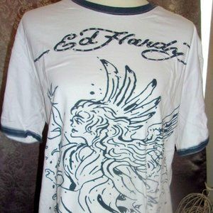 New Ed Hardy by Christian Audigier White w/ Rhinestones  Women's L Tee Shirt NWT